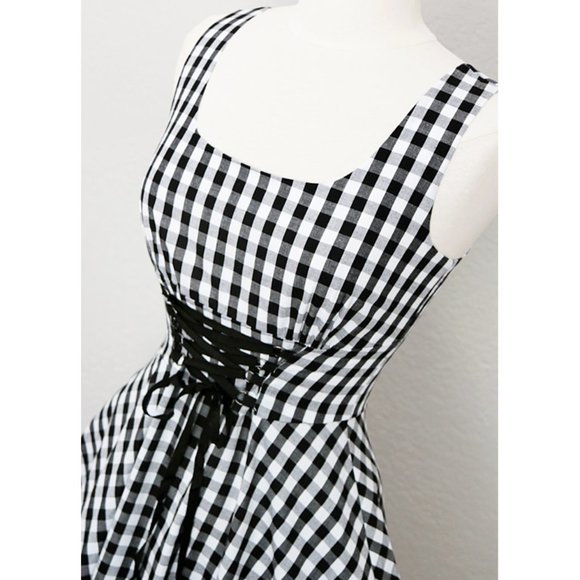 Gingham Checker Laced Up Waist Fit Flared Dress - Picture 3 of 8